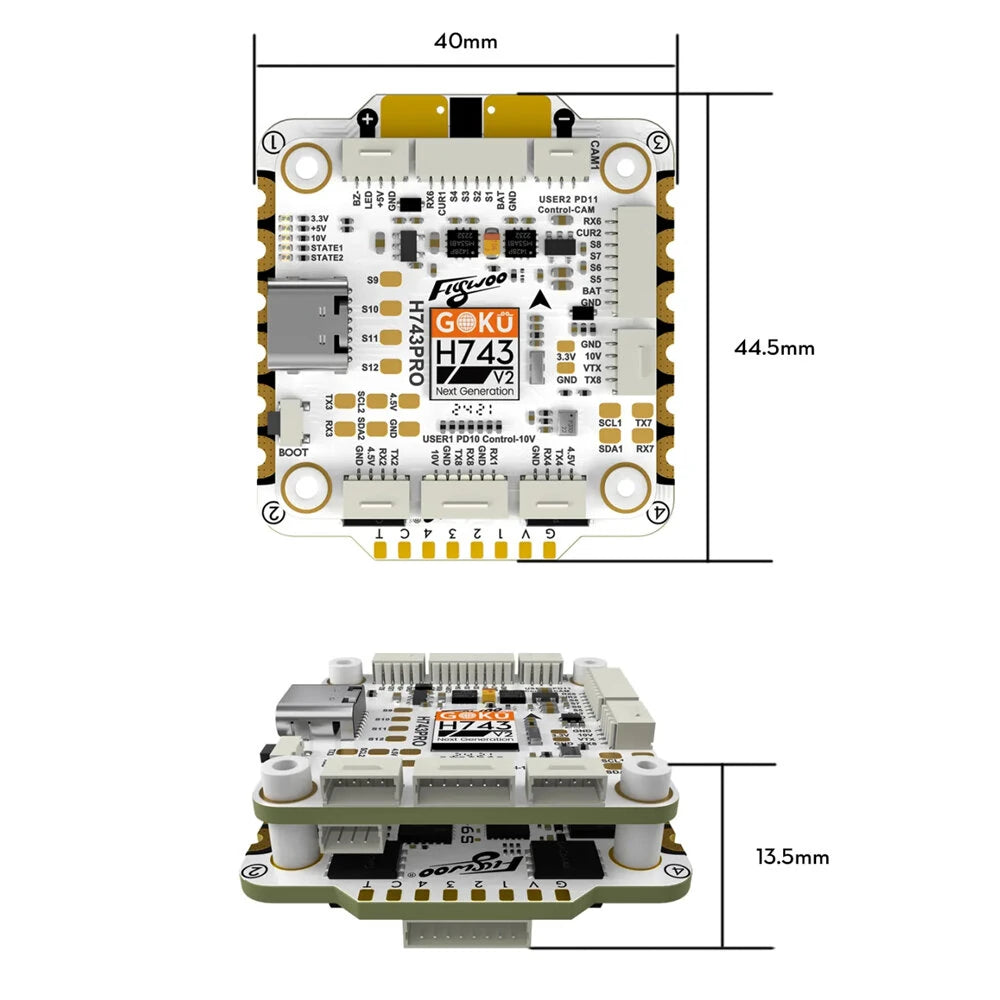 30x30mm Flywoo GOKU H743 PRO Flight Controller 55A 32Bit 128K AM32 3-6S 4in1 ESC Stack for RC FPV Racing Drones Support DJI O4 / O4 Pro